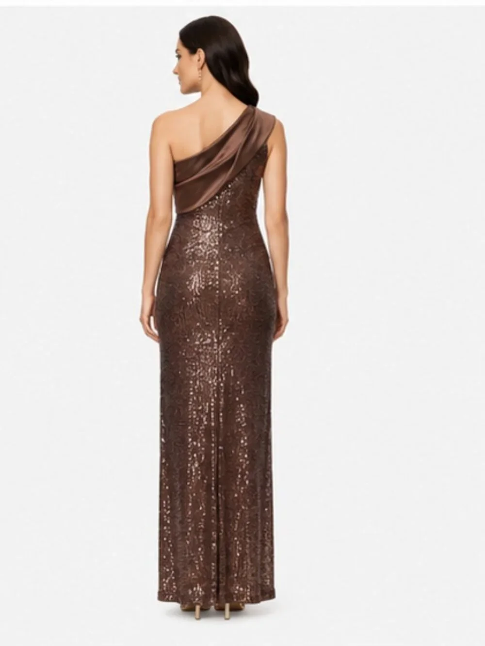 Betsy & Adam Petite One-Shoulder Sequin Detail Gown Mocha Maxi Dress Size 4P NWT
